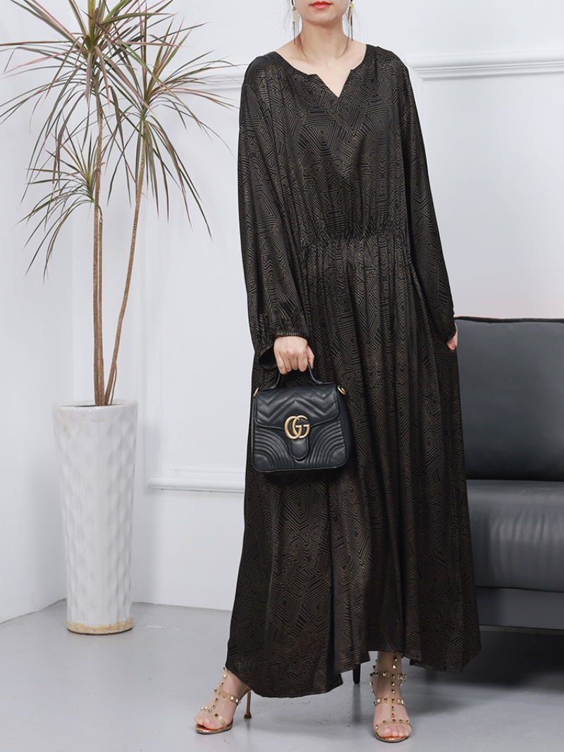 Split Neck Long Sleeve Jacquard Satin A-Line Maxi Dress