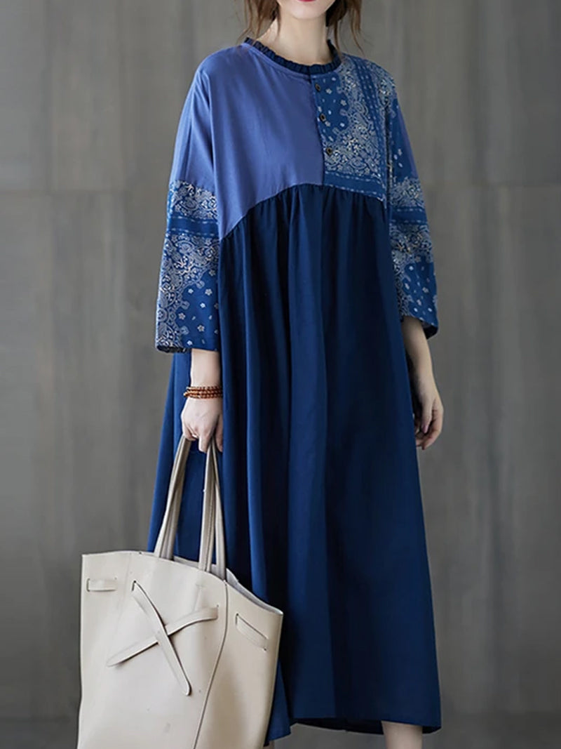 Ruffle Collar Paisley Patchwork Pleated Long Sleeve Smock Maxi Dress