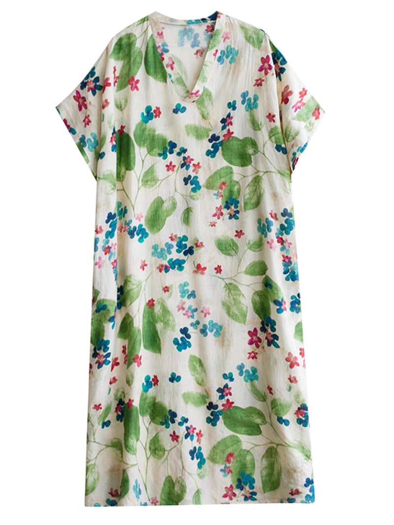 V-Neck Watercolor Floral Short Sleeve Loose Kaftan Maxi Dress 3
