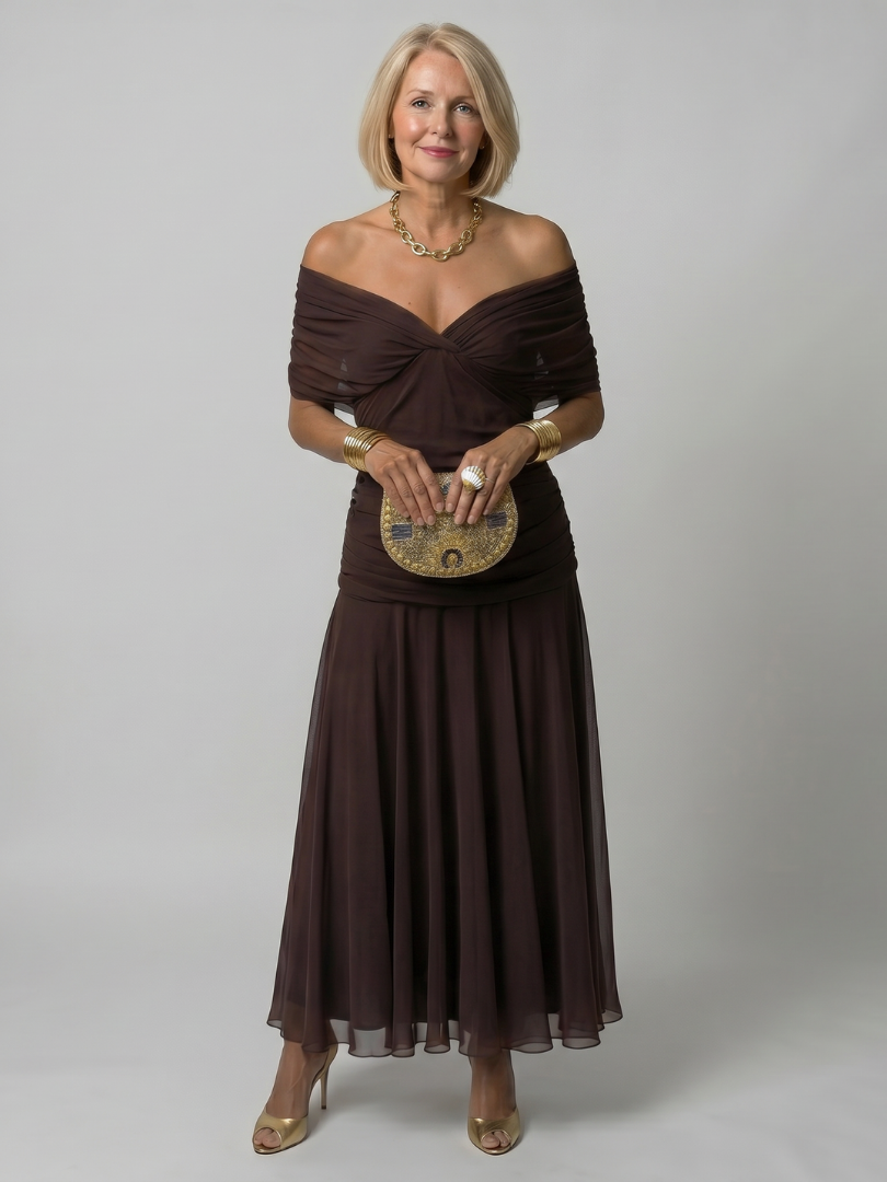 Off-Shoulder Ruched Floral Chiffon Flowy Maxi Dress 5