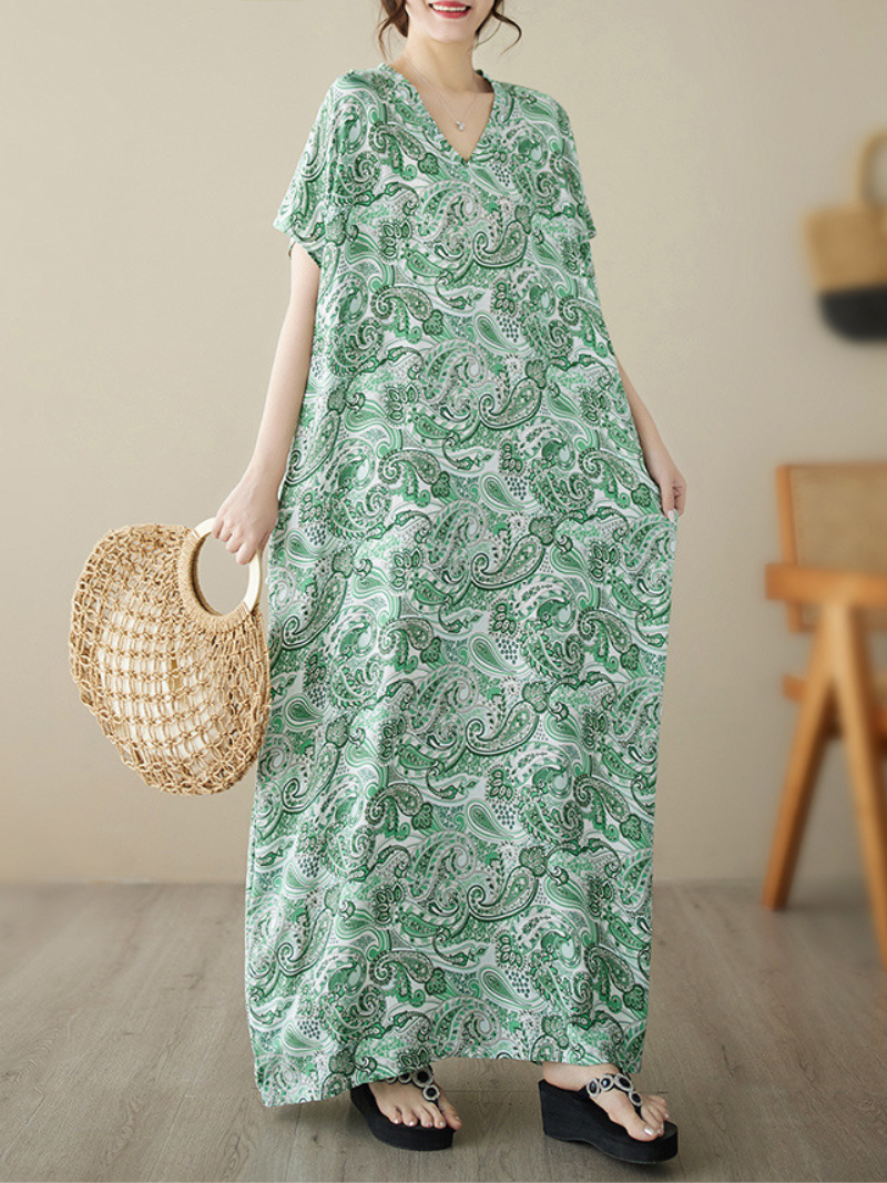 V-Neck Paisley Print Short Sleeve Loose Kaftan Maxi Dress