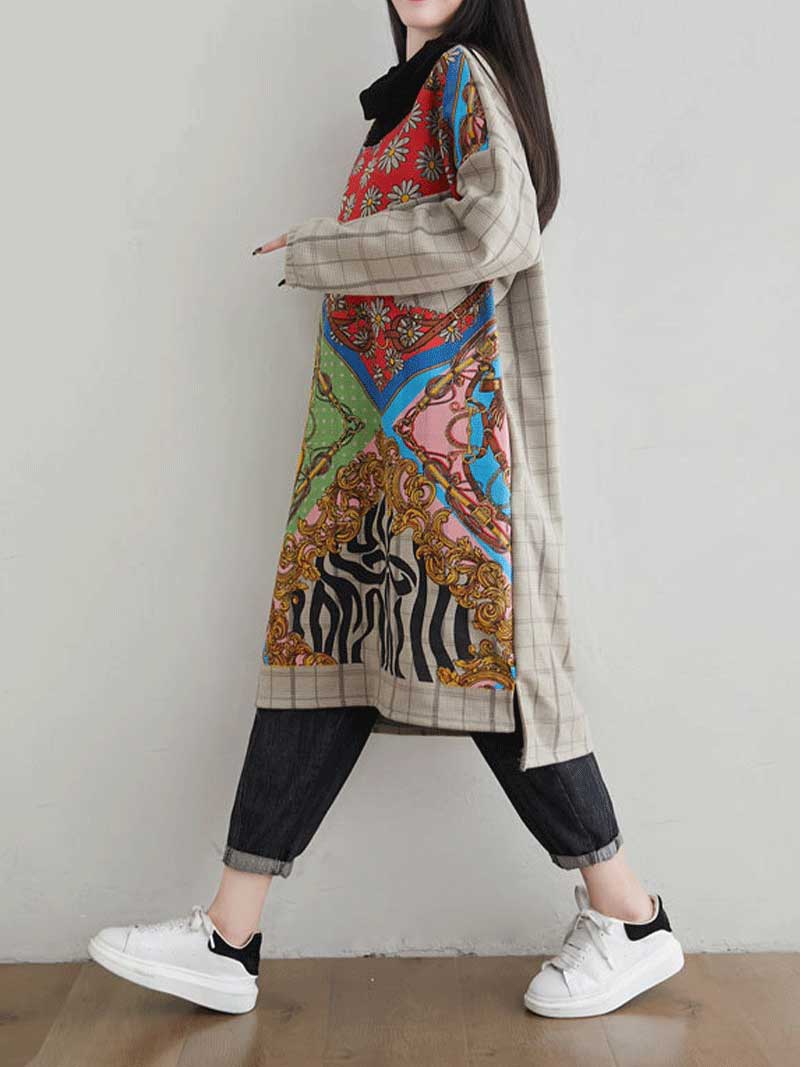 Round Neck Mixed Print Plaid Panel Long Sleeve Shift Midi Dress 4
