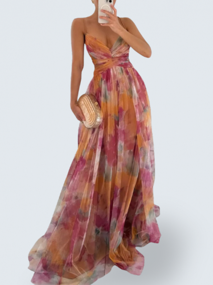Spaghetti Strap V-Neck Floral Tulle Ruched Waist A-Line Maxi Dress
