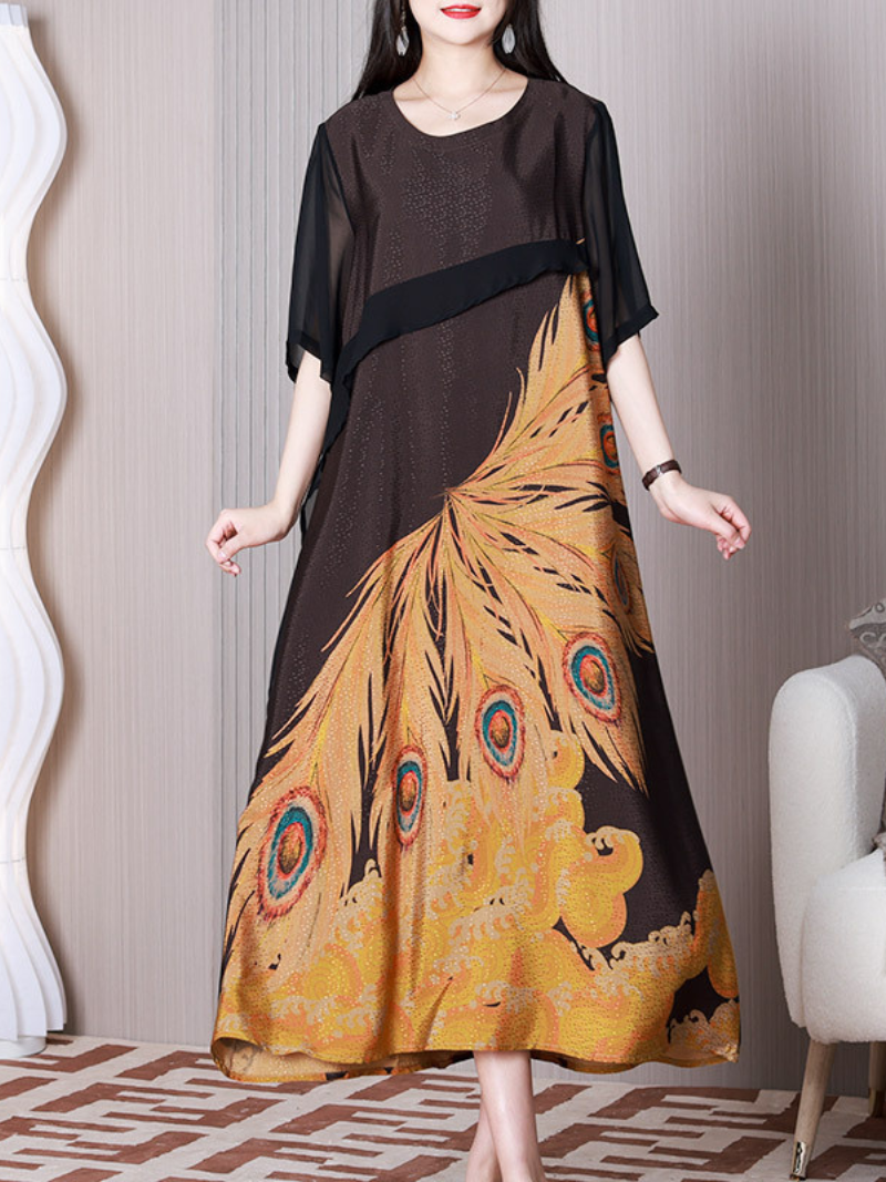 Round Neck Half Sleeve Peacock Print Chiffon Midi Dress