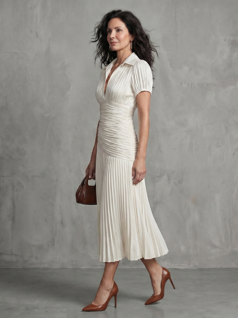 Collared Pinstripe Short Sleeve Ruched Waist Pleated Midi Dress