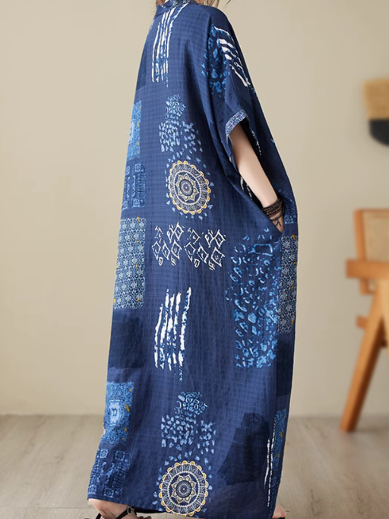 Blue V-Neck Batwing Sleeve Abstract Ethnic Print Loose Kaftan Maxi Dress 5