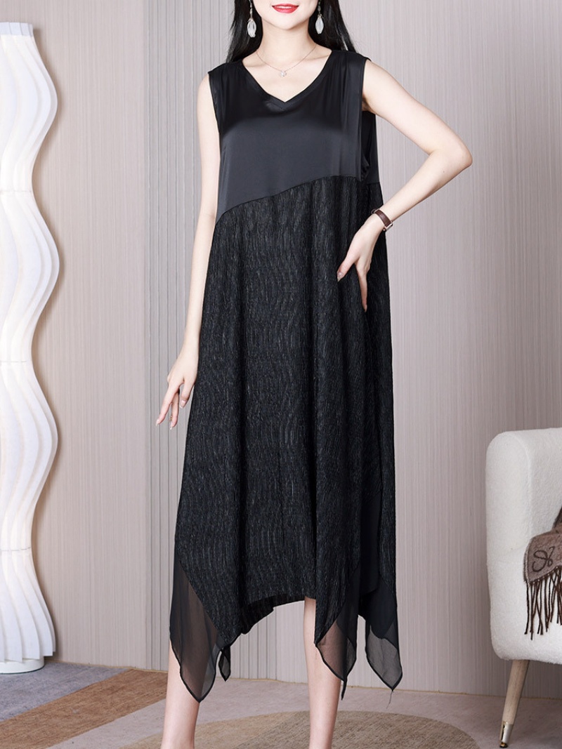 Black V-Neck Sleeveless Satin Yoke Textured Handkerchief Hem Midi Dress 3