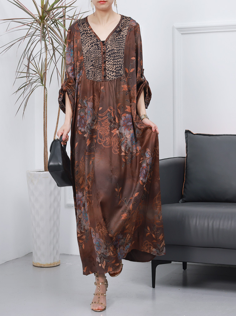 V-Neck Long Sleeve Floral Print Pleated Yoke Kaftan Maxi Dress