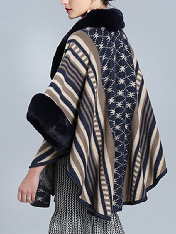 Faux Fur Collar Striped Aztec Print Cape Cardigan 18