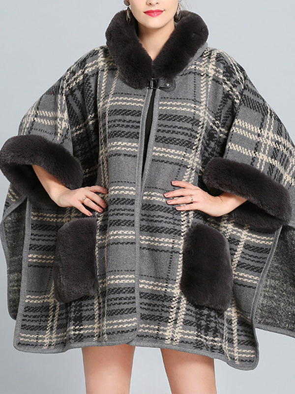 Hooded Faux Fur Trim Plaid Pocket Cape Cardigan