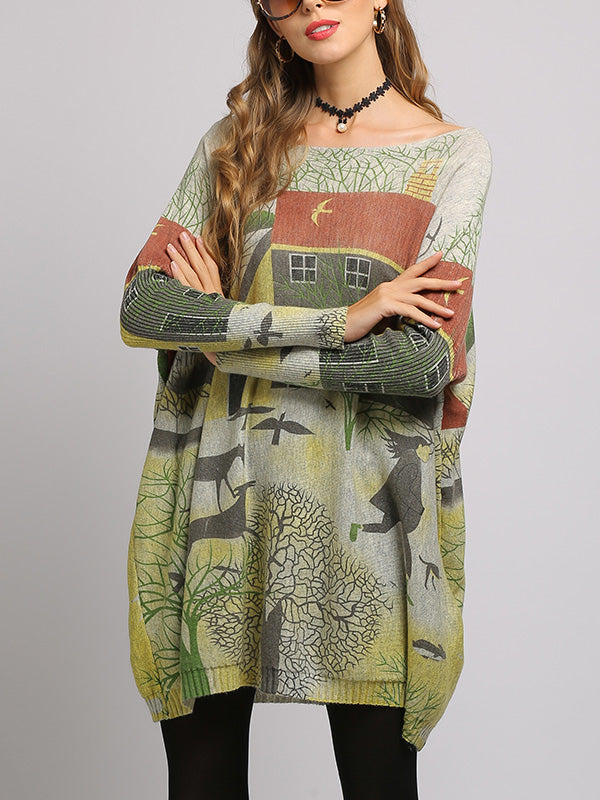 Boat Neck Scenic Print Long Sleeve Loose Knit Sweater 15