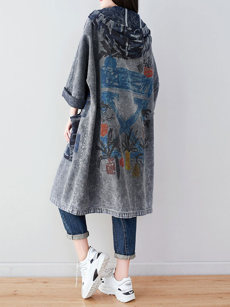 Hooded Graffiti Print Patch Pocket Long Denim Coat 4