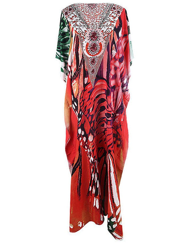 Red V-Neck Embellished Butterfly Print Batwing Sleeve Loose Kaftan Maxi Dress 5