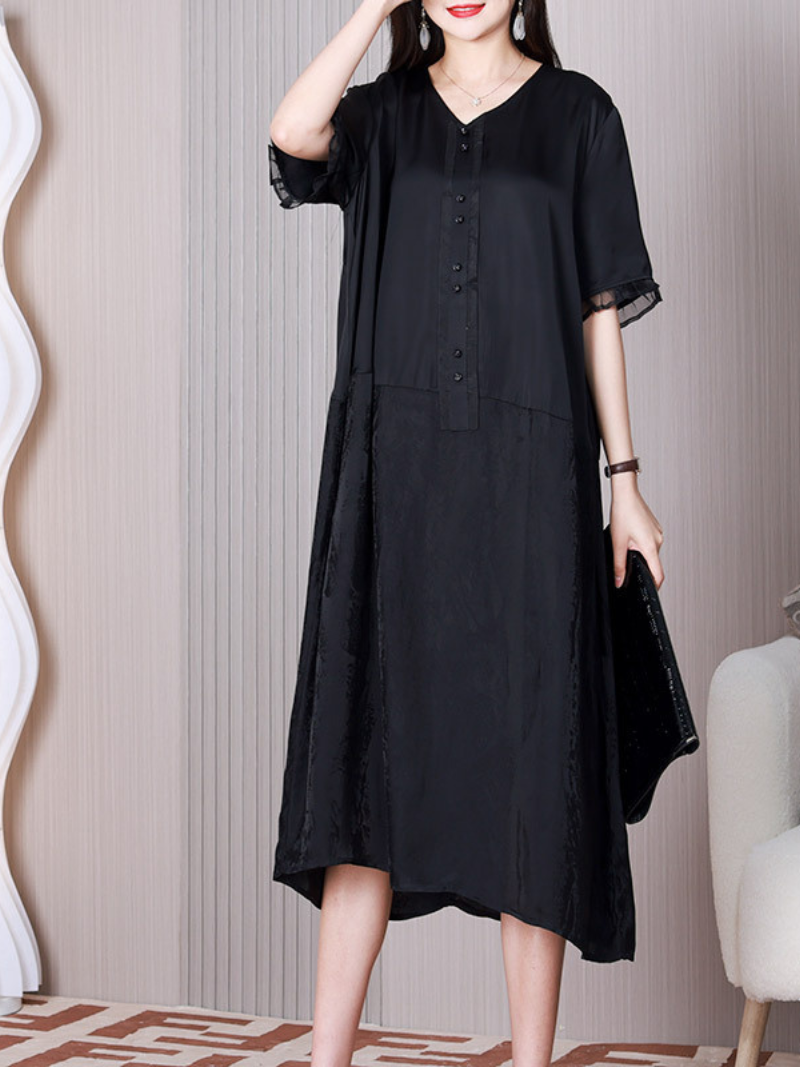 V-Neck Short Sleeve Button Placket Satin Loose A-Line Midi Dress