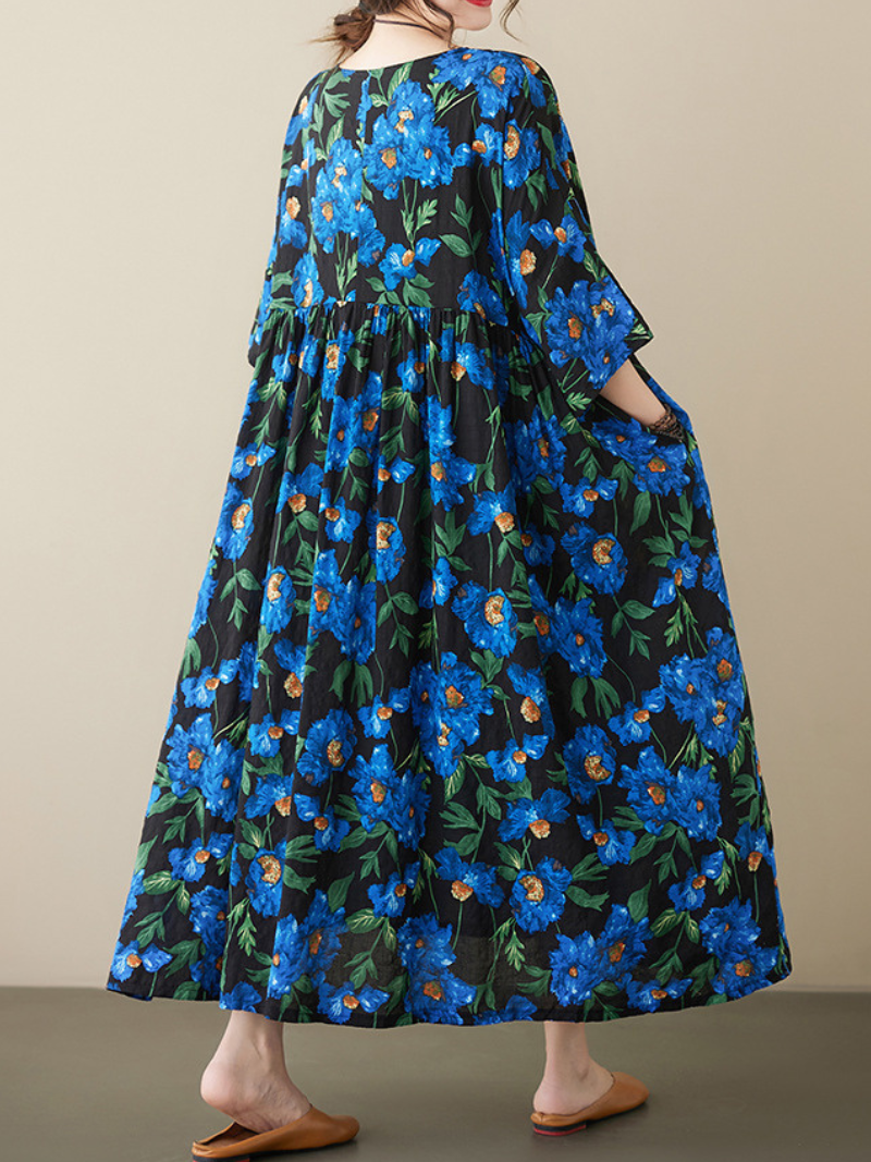 Blue Round Neck Floral Print High Waist Loose Cotton Maxi Dress