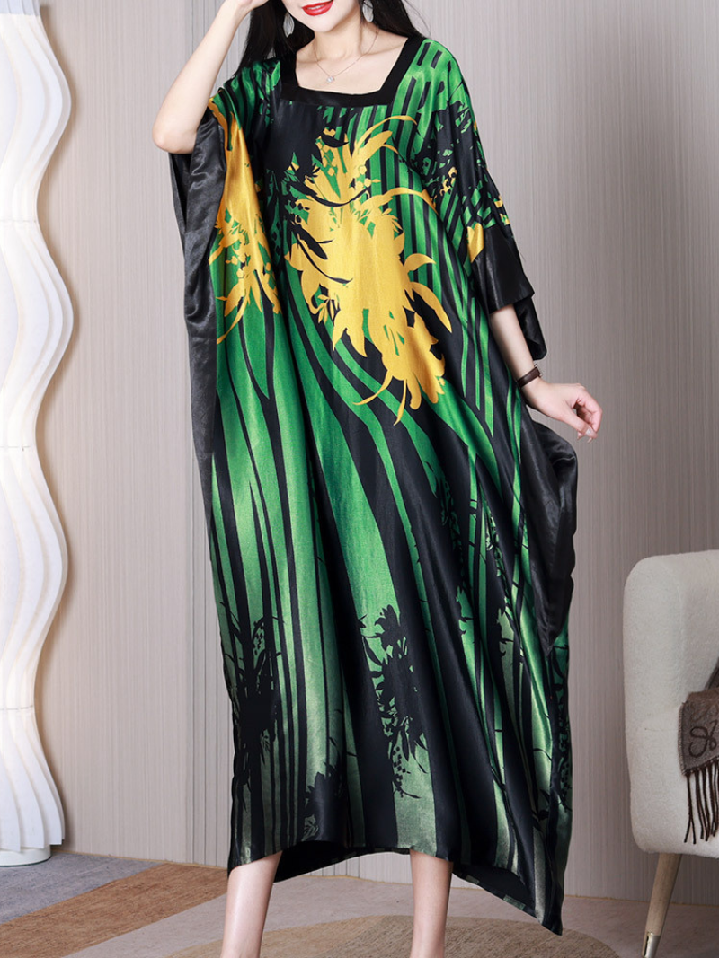 Square Neck Batwing Sleeve Abstract Floral Satin Kaftan Maxi Dress