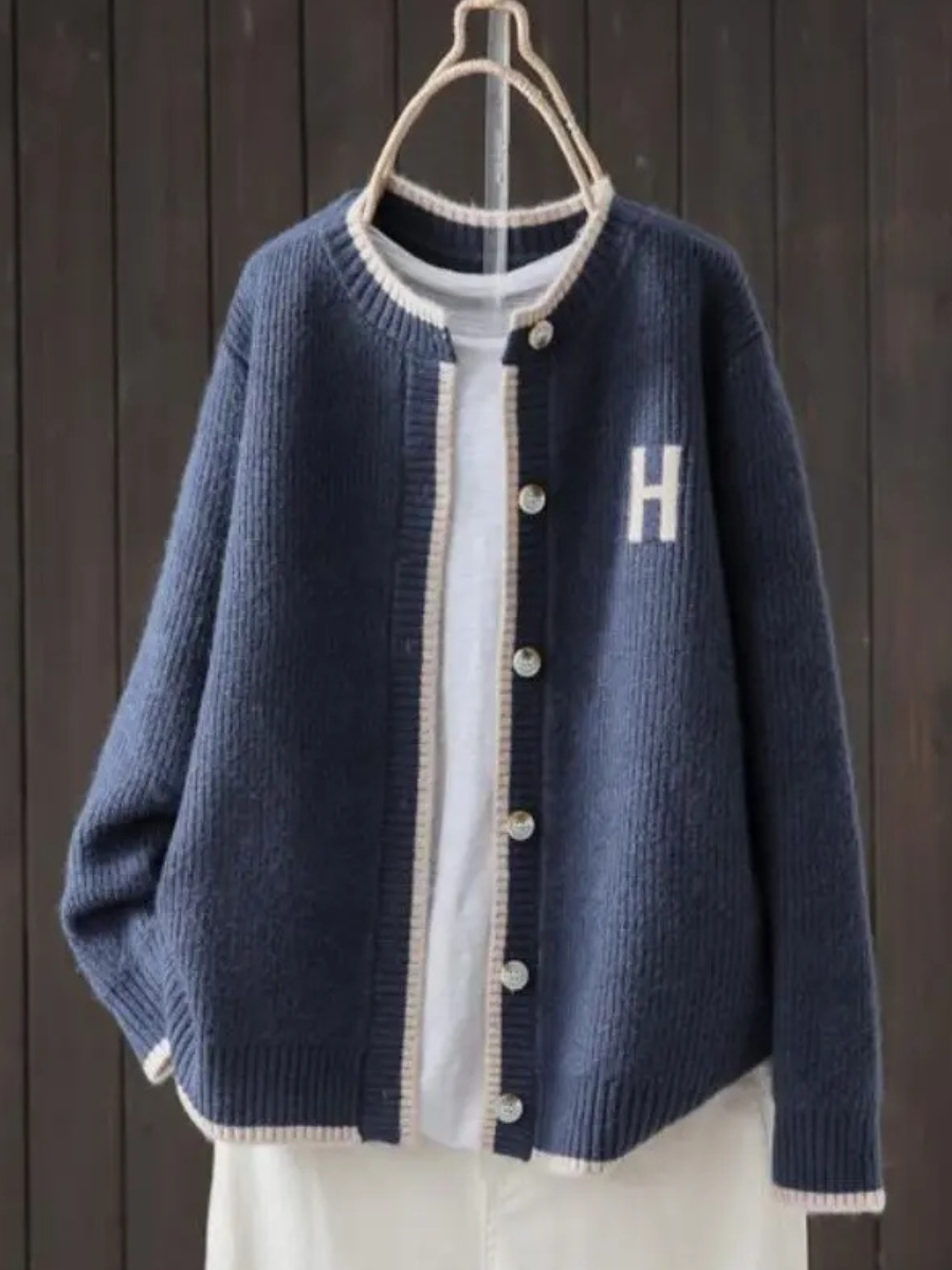 Crewneck Ribbed Knit Button Front Contrast Trim Cardigan 4