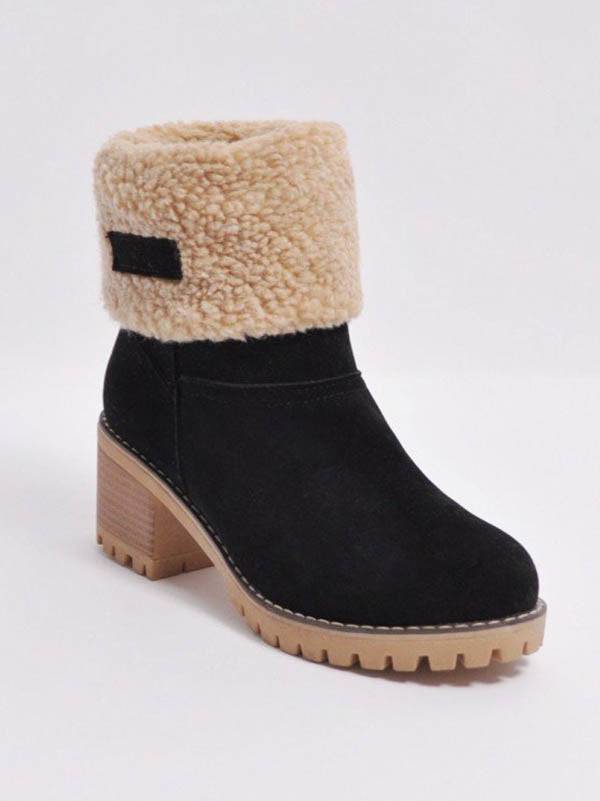 Fur Lined Fold Over Cuff Block Heel Ankle Snow Boots