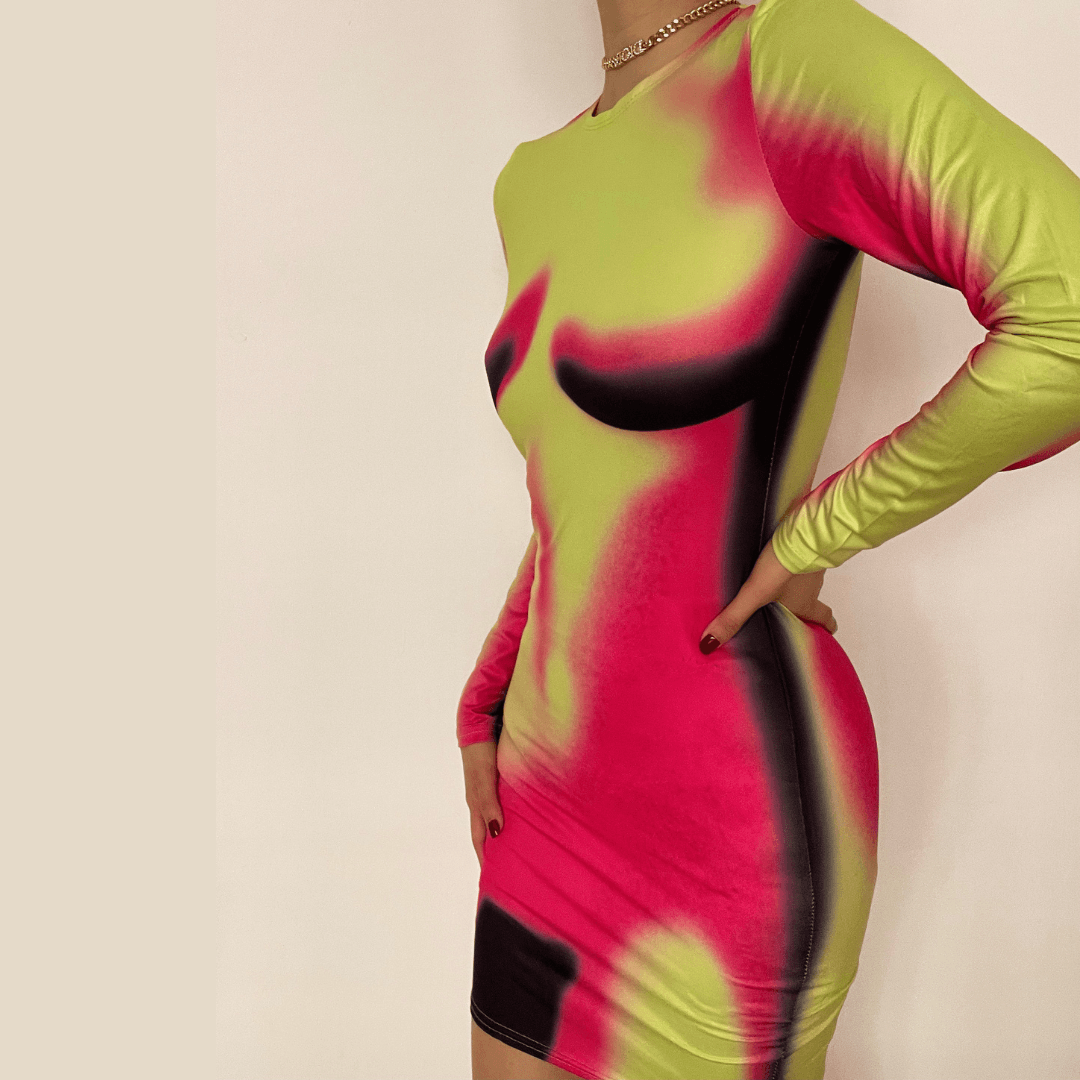 Long sleeve thermal crewneck body print mini dress