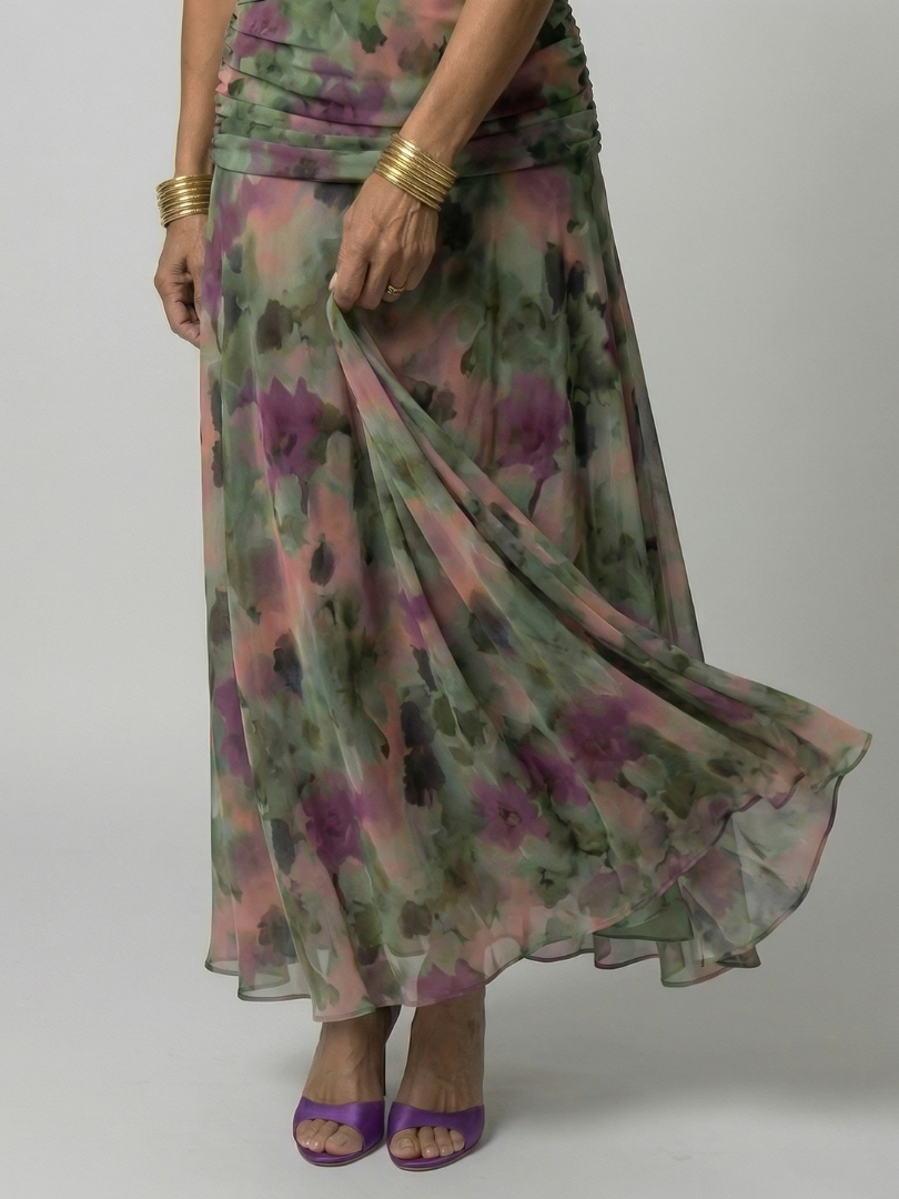 Off-Shoulder V-Neck Watercolor Floral Ruched Chiffon Maxi Dress 13