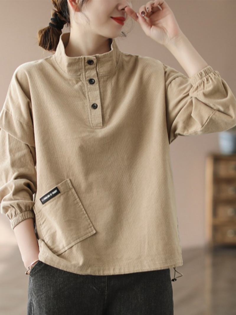 Stand Collar Button Placket Long Sleeve Patch Pocket Corduroy Top 3