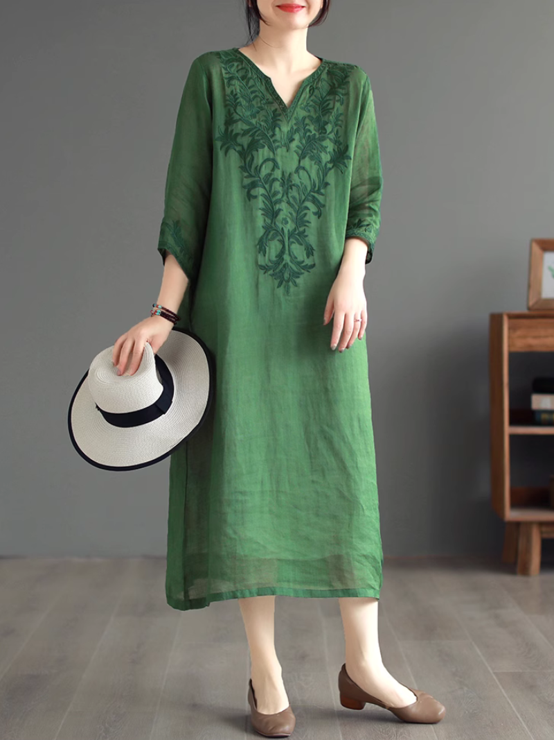 V-Neck Floral Embroidered Long Sleeve Loose Linen Midi Dress 3