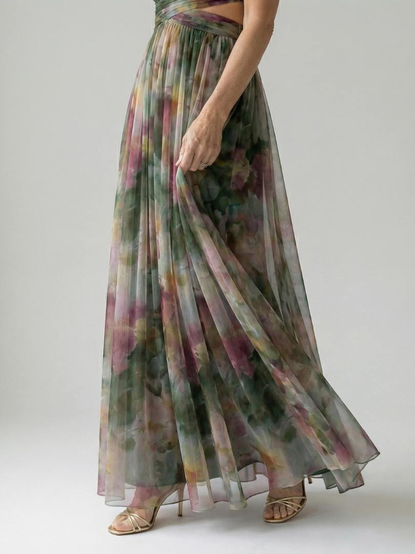 Spaghetti Strap V-Neck Floral Print Pleated Tulle Maxi Gown 12