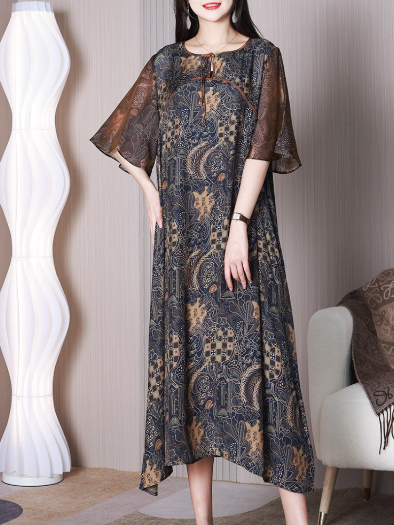 Blue Round Neck Tie Front Floral Print Flutter Sleeve A-Line Midi Dress