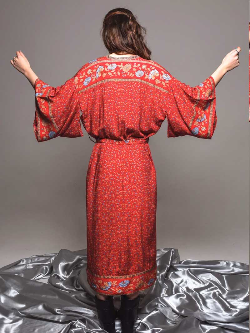 Red Bohemian Floral Border Print Belted Flared Sleeve Long Kimono Robe
