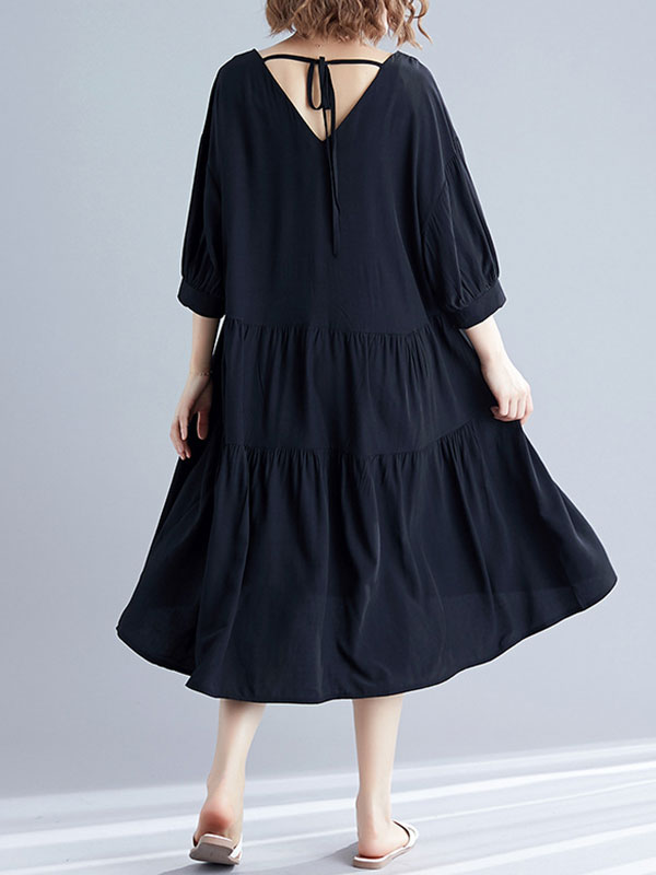 V-Neck Three-Quarter Sleeve Tiered Loose A-Line Midi Dress 2
