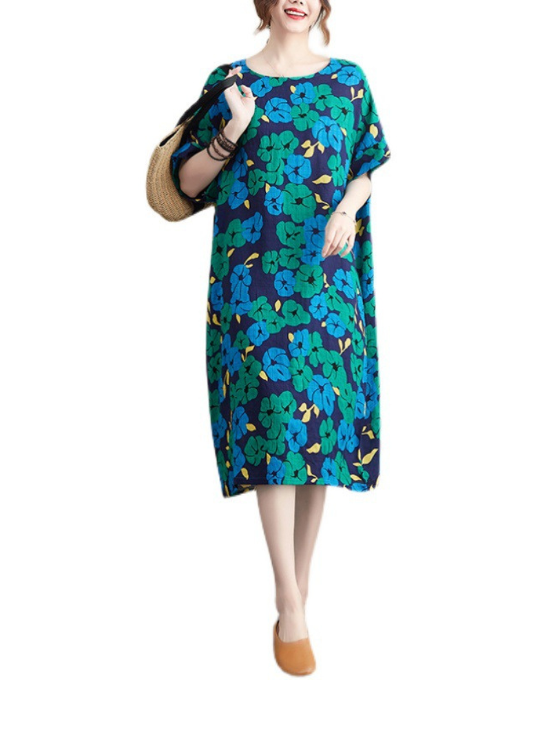 Green Round Neck Floral Print Short Sleeve Loose Midi Dress 2