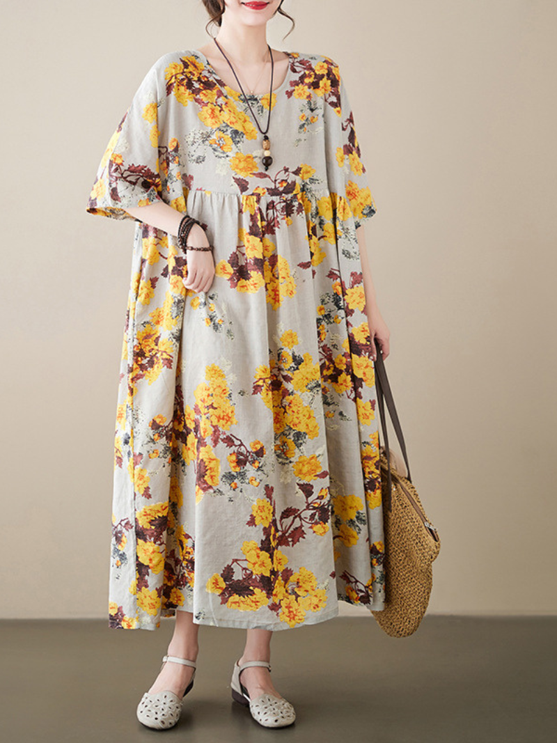 Yellow Round Neck Short Sleeve Floral Smock Loose Midi Dress
