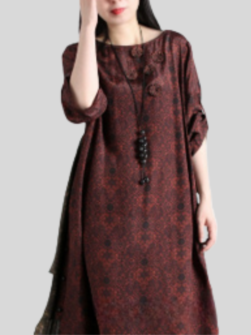 Red Round Neck Frog Button Floral Print Loose Maxi Dress 4