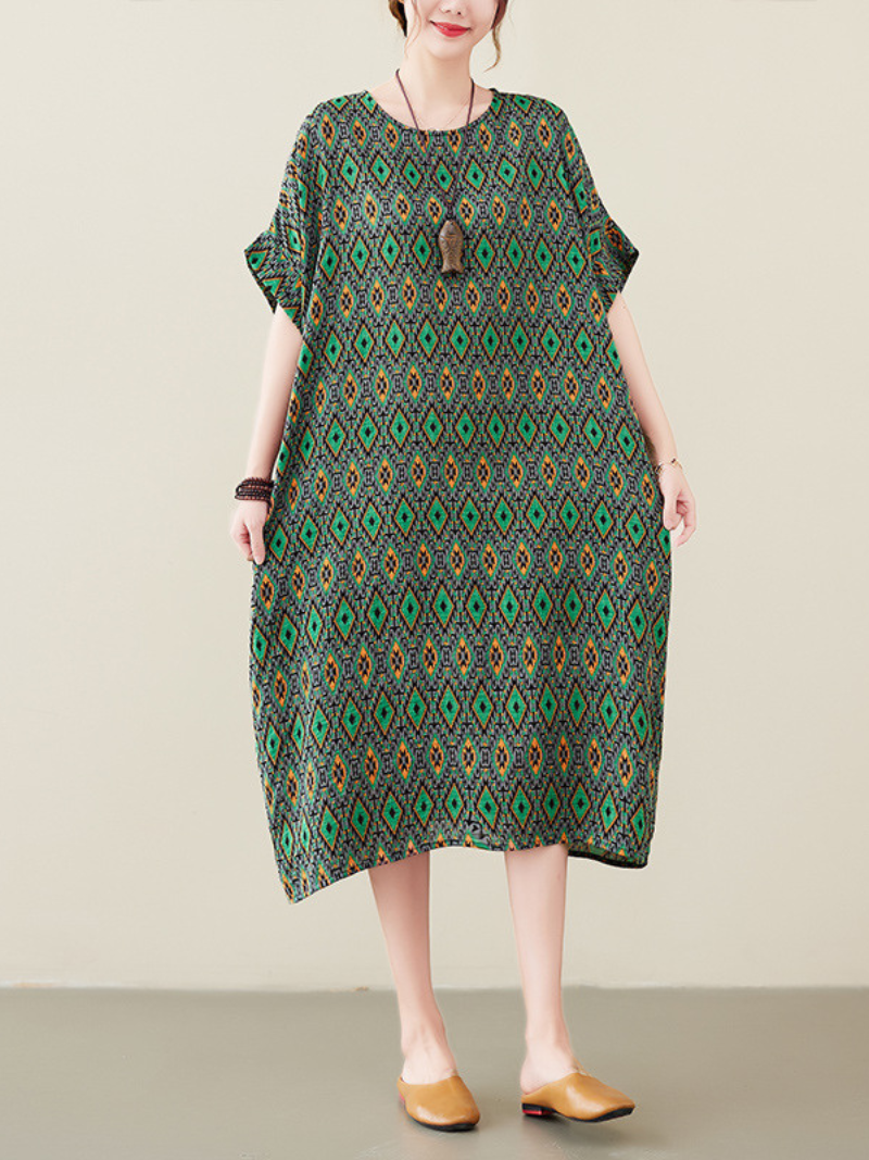 Green Round Neck Short Sleeve Geometric Print Loose Midi Dress 3
