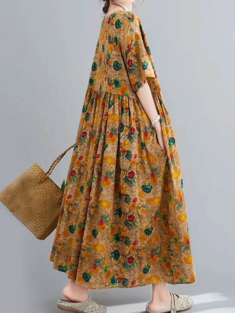 Bronze Round Neck Floral Print Short Sleeve Pleated Loose Maxi Dress