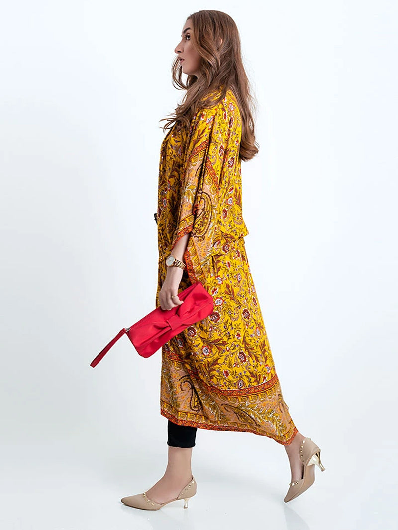 Yellow Floral Paisley Print Belted Long Kimono Robe 5
