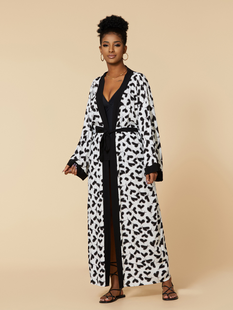 Zebra Print Contrast Trim Tie Waist Long Kimono