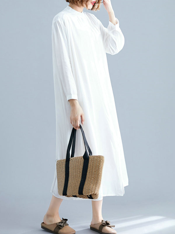 Stand Collar Long Sleeve Button Front Loose Shirt Midi Dress 12
