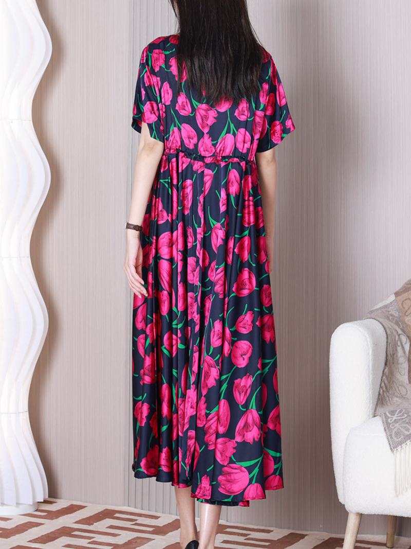 Round Neck Short Sleeve Tulip Floral Empire A-Line Midi Dress 5