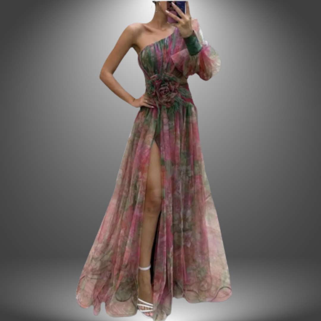 One-Shoulder Watercolor Print Feather Waist High Slit Tulle Maxi Gown 2