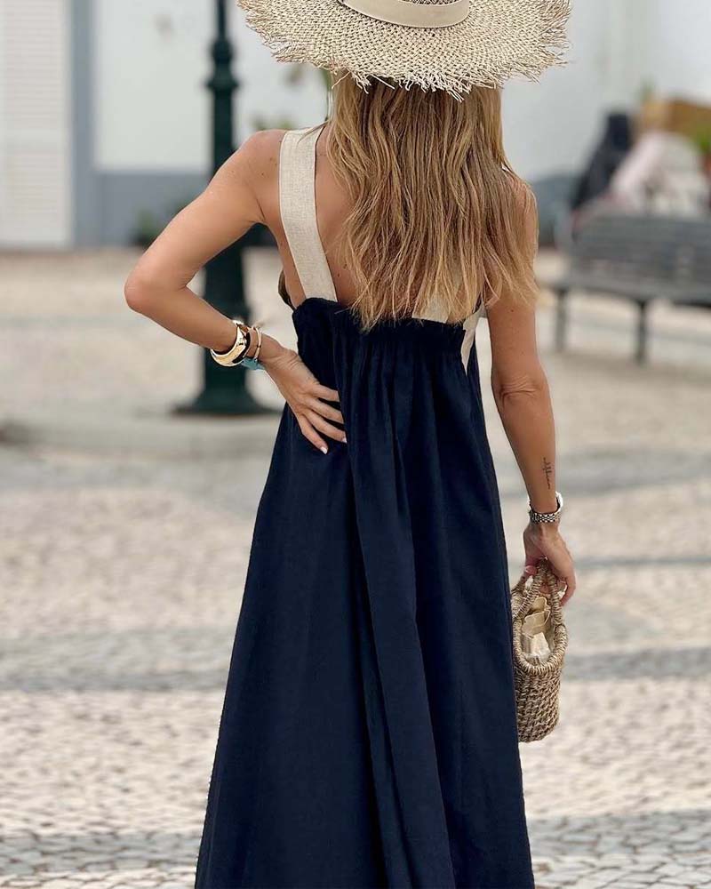 Cross Halter Neck Color Block Sleeveless A-Line Maxi Dress 3