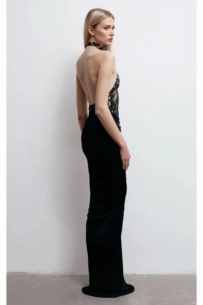 Elegant Black Backless Cutout Fitted Long Party Dress