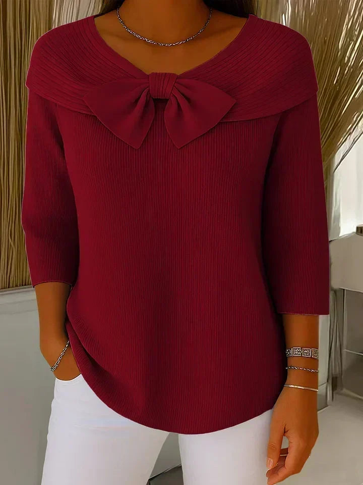 Foldover Collar Bow Front Ribbed Knit Sweater 4