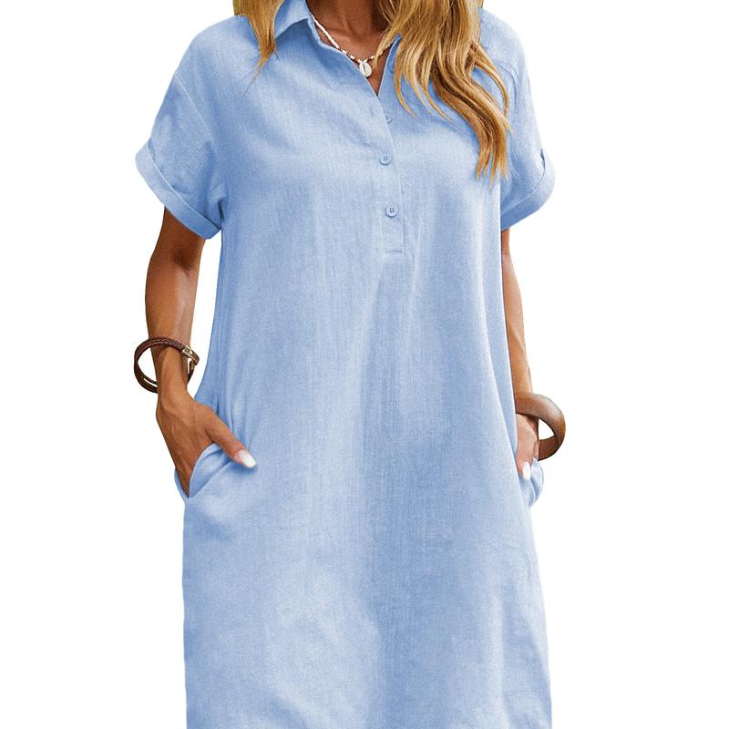 Collared Button Placket Short Sleeve Linen Pocket Shirt Midi Dress 4