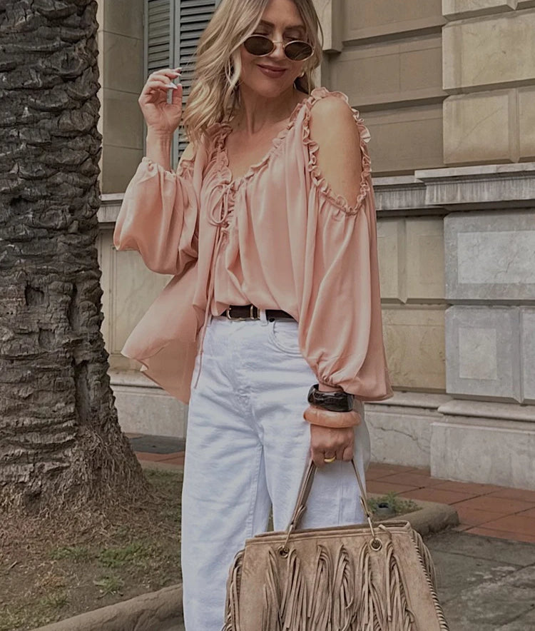 OffShoulder Chiffon Laced Long Sleeve Blouse