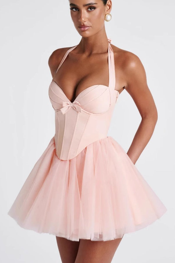 Boned Halter Lace Tie Waist Tulle Overlay Mini Dress 3