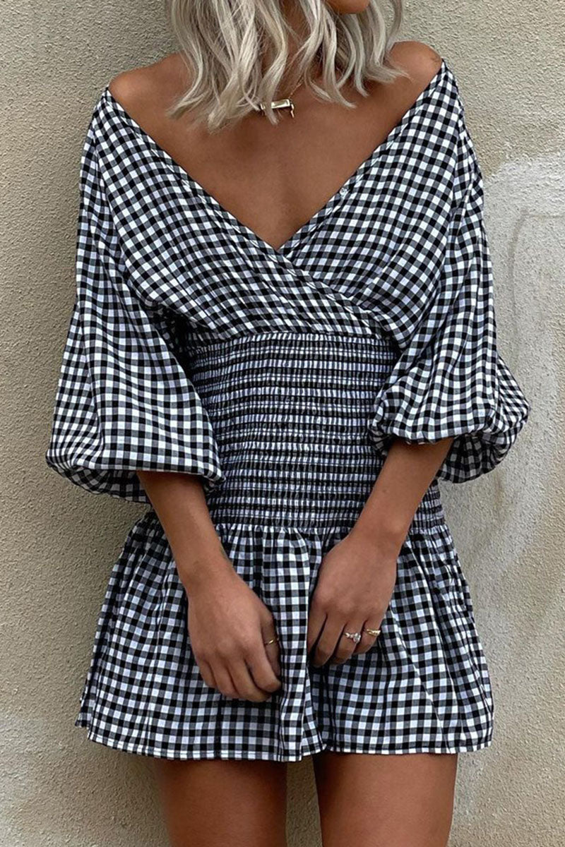 Fashion Street Plaid Split Joint V Neck Waist Skirt Dresses