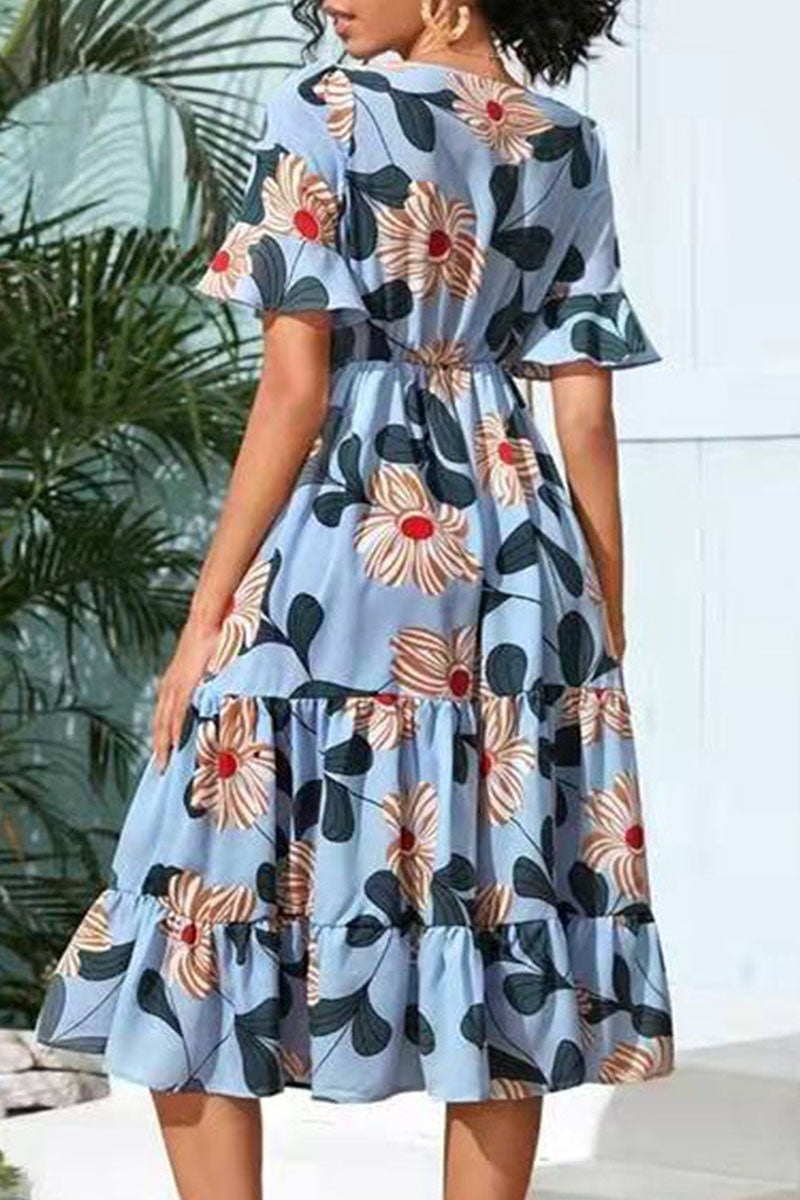 Fashion Street Print Split Joint V Neck A Line Dresses