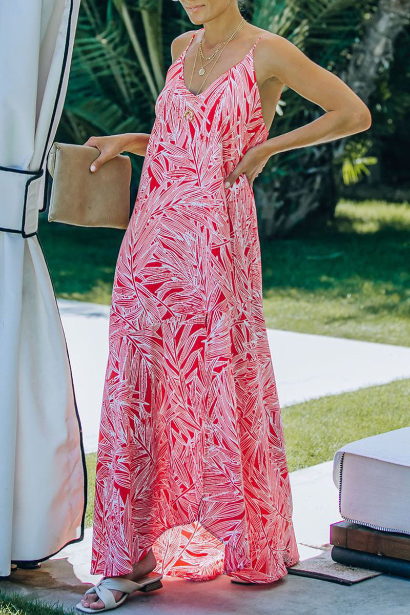 Fashion Vacation Print Slit V Neck Princess Dresses