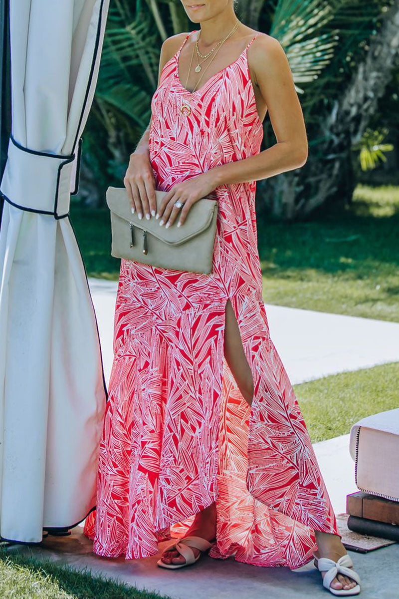 Fashion Vacation Print Slit V Neck Princess Dresses